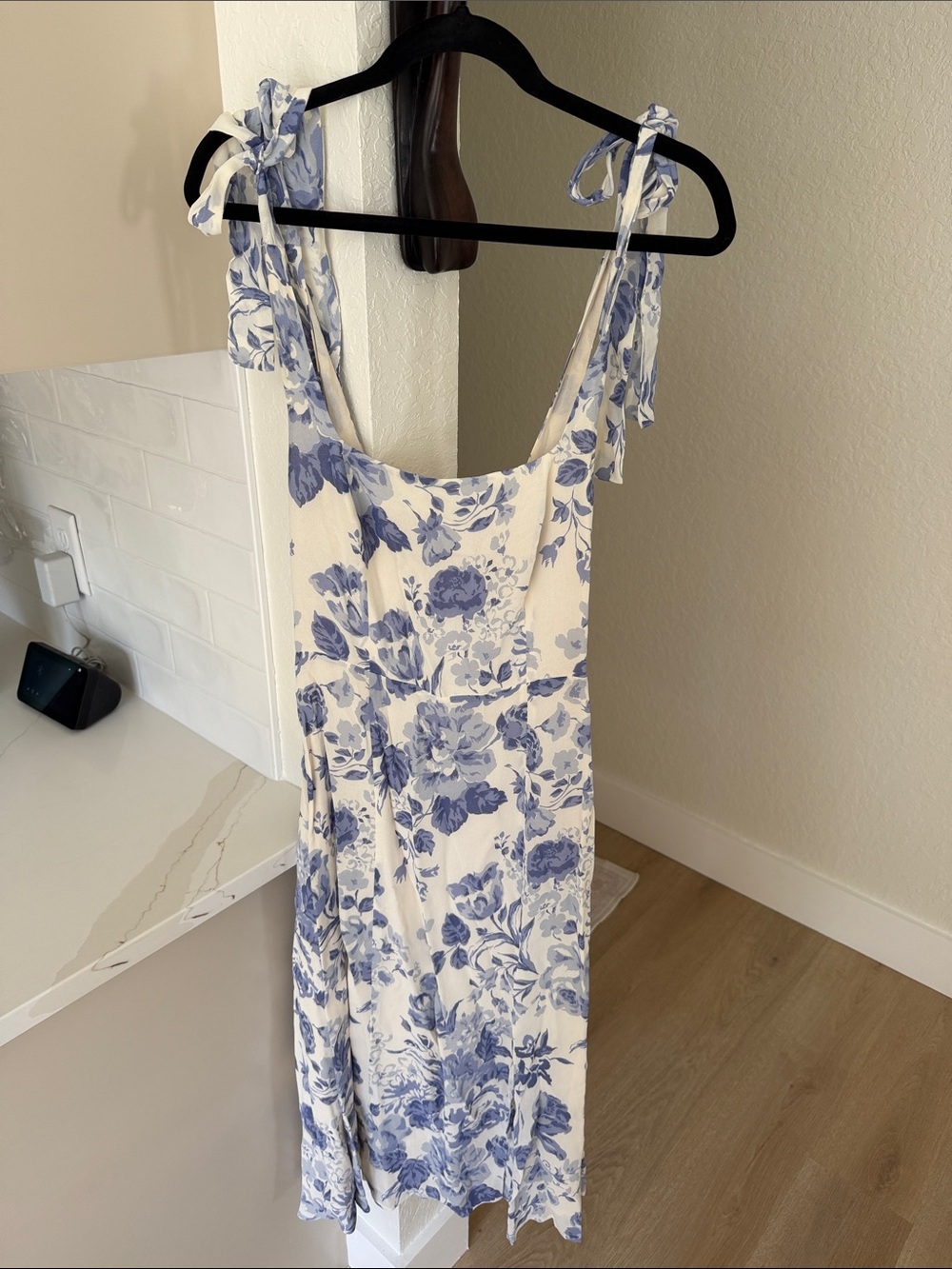 Reformation Floral Tie-Shoulder Midi Dress in Blue and White